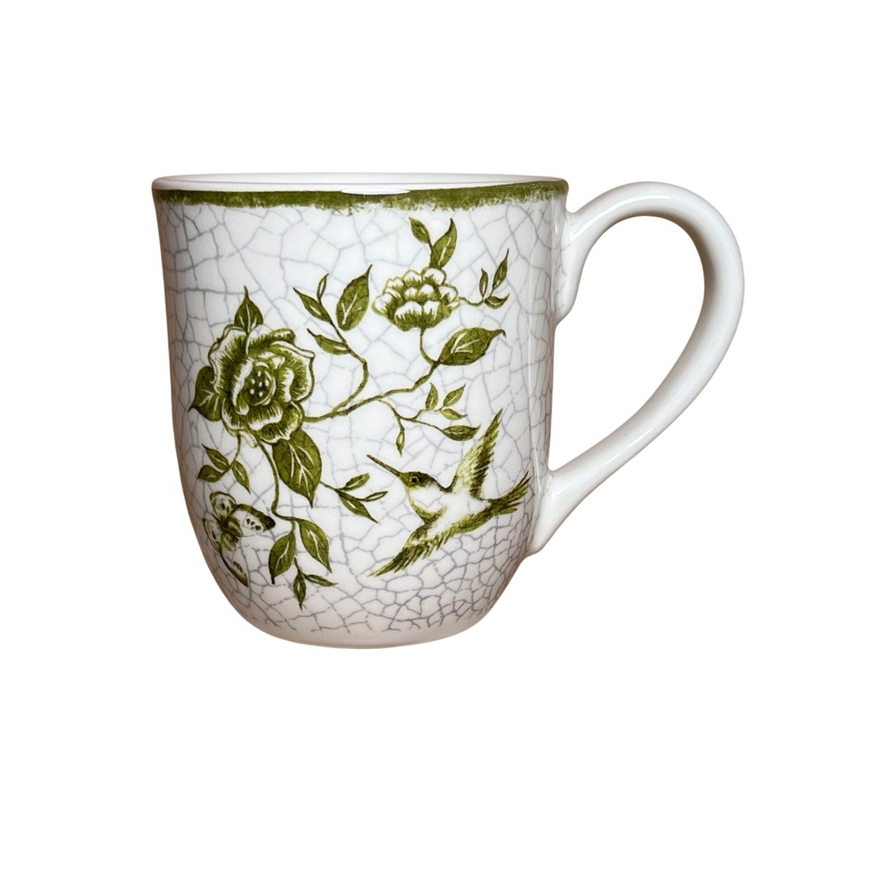Cracker Barrel Susan Winget Green Hummingbird Floral Crackle Stoneware Chic Mug